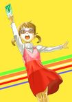  bespectacled brown_eyes brown_hair card child doujima_nanako dress funtarunta glasses green_card holding holding_card open_mouth persona persona_4 short_twintails solo twintails 