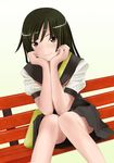  bag bakemonogatari bench black_eyes black_hair chin_rest face kishida-shiki legs monogatari_(series) school_uniform sengoku_nadeko serafuku sitting smile solo 