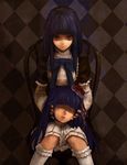  blue_hair bow dress face frederica_bernkastel frills furudo_erika head multiple_girls purple_eyes purple_hair severed_head shirabi smile thighhighs umineko_no_naku_koro_ni 