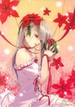  blush brown_eyes christmas copyright_request dress flower frills gift hidari_(left_side) holding holding_gift long_hair open_mouth poinsettia ribbon silver_hair solo upper_body white_canvas 