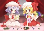  bad_id bad_pixiv_id bed blonde_hair child_drawing crayon curtains drawing eraser flandre_scarlet hat hong_meiling lavender_hair moorina multiple_girls paper pencil red_eyes remilia_scarlet short_hair siblings sisters tareme touhou tsurime wings wooden_pencil 