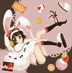  animal_ears black_hair brown_eyes bunny_ears cake cookie food galibo macaron midriff nail_art nail_polish navel original panties pastry short_hair slippers socks solo underwear watch wristwatch 