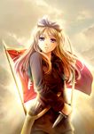  arrow axis_powers_hetalia bad_id bad_pixiv_id belarus_(hetalia) blonde_hair bow bow_(weapon) cloud dagger flag hair_bow hair_ribbon long_hair medieval purple_eyes ribbon sasano_shiki sky solo sunlight weapon white_russia 