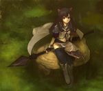  animal_ears bad_id bad_pixiv_id black_hair boots breasts cat_ears cleavage copyright_request dog_ears face fingerless_gloves gloves medium_breasts midriff navel polearm purple_eyes shirabi sitting sitting_on_object sitting_on_tree_stump solo thighhighs tree_stump weapon 