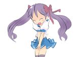  highres hiiragi_kagami long_hair lucky_star okera purple_hair ryouou_school_uniform school_uniform serafuku skirt skirt_lift solo thighhighs twintails wind wind_lift 