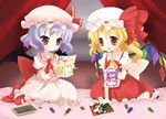  bat_wings bed blonde_hair child_drawing crayon curtains drawing eraser flandre_scarlet hat hong_meiling lavender_hair moorina multiple_girls paper pencil red_eyes remilia_scarlet short_hair siblings sisters tareme touhou tsurime wings wooden_pencil 