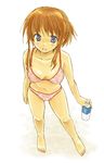  barefoot bikini blue_eyes bottle breasts brown_hair cleavage copyright_request feet medium_breasts ponytail seri_natsume smile solo swimsuit water_bottle 