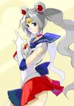  \m/ bishoujo_senshi_sailor_moon blue_eyes blue_sailor_collar choker cosplay elbow_gloves gloves hands long_hair magical_girl multicolored multicolored_clothes multicolored_skirt red_choker sailor_collar sailor_moon sailor_moon_(cosplay) sailor_senshi_uniform sape_(saperon_black) silver_hair skirt smile solo tiara touhou tsuki_ni_kawatte_oshioki_yo twintails white_gloves yagokoro_eirin 