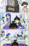  4koma 6+girls ahoge akizuki_ryou antenna_hair bare_shoulders black_hair blood blue_eyes blue_hair bow breasts comic computer couch cross cute_&amp;_girly_(idolmaster) ganaha_hibiki green_hair hairband headset hinketsu_man idolmaster idolmaster_(classic) idolmaster_dearly_stars jewelry kikuchi_makoto kisaragi_chihaya long_hair medium_breasts miura_azusa multiple_girls necklace open_mouth otoko_no_ko otonashi_kotori raglan_sleeves short_hair skirt takatsuki_yayoi television translated twintails window 