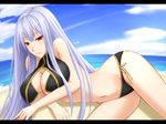  bare_shoulders beach bikini blush breasts cleavage cloud crossed_arms day halterneck large_breasts legs long_hair lying navel ocean on_side outdoors red_eyes selvaria_bles senjou_no_valkyria senjou_no_valkyria_1 shuugetsu_karasu side-tie_bikini silver_hair sky solo swimsuit 