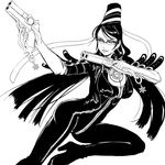  bayonetta bayonetta_(character) bodysuit breasts cleavage glasses gloves greyscale gun handgun high_heels large_breasts mole mole_under_mouth monochrome shoes solo sutein weapon 