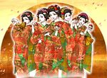  cherry_blossoms fan geisha hair_ornament holding holding_poke_ball japanese_clothes kimono makeup micho multiple_girls nihongami poke_ball pokemon smile susohiki 