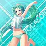  :d aqua_hair arms_up barefoot blue_eyes feet green_hair hatsune_miku jumping long_hair midriff open_mouth panties ponytail shirt smile solo striped striped_panties underwear very_long_hair vocaloid yahako 