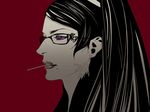  bayonetta bayonetta_(character) black_hair earrings glasses jewelry long_hair mole npn purple_eyes violet_eyes 