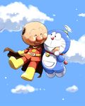 ^_^ anpanman anpanman_(character) bad_id bad_pixiv_id closed_eyes cloud crossover day doraemon doraemon_(character) eating flying male_focus natsuki_nori sky takecopter 