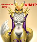  2015 angry anthro black_nose blue_eyes breasts chest_tuft clothing dialogue digimon doomthewolf english_text fur gloves looking_at_viewer navel nude renamon solo teeth text tuft white_fur yellow_fur 