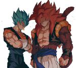  2boys absurdres bare_pectorals biceps body_fur brown_fur crossed_arms dougi dragon_ball dragon_ball_gt dragon_ball_super earrings fusion gogeta highres jewelry metamoran_vest monkey_boy monkey_tail multiple_boys no_nipples pants pectorals potara_earrings relio_db318 saiyan super_saiyan super_saiyan_4 super_saiyan_blue tail vegetto veiny_hands white_pants 