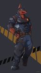  anthro boots canine claws clothed clothing doberman dog earpiece fingerless_gloves footwear gloves hi_res looking_at_viewer male mammal muscles open_mouth police red_eyes solo tongue uniform waddledox 