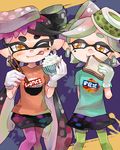  ;p aori_(splatoon) black_hair blush clothes_writing cousins earrings fang food food_on_head gloves green_hair green_legwear hotaru_(splatoon) jewelry legwear_under_shorts long_hair looking_at_another mebuita miniskirt multiple_girls object_on_head one_eye_closed orange_eyes pantyhose pointy_ears puffy_shorts purple_legwear rice shirt short_hair shorts skirt splatoon_(series) splatoon_1 sushi tentacle_hair toast tongue tongue_out white_gloves 