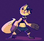  &lt;3 2015 abstract_background anthro canine claws clothed clothing collar crop_top ear_piercing fox girly grey_eyes hat male mammal mutisija navel piercing pose shorts skimpy solo thick_thighs yellow_sclera 