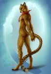 2015 abstract_background anthro black_nose butt cheetah claws feline fur looking_back male mammal nude orange_eyes paws raised_tail sayuncle scarf small_ears smile spots standing whiskers yellow_fur 