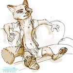  2015 anthro beverage boxers can canine clothed clothing fox foxer421 looking_at_viewer mammal necklace necktie nick_wilde partially_clothed shirt sitting underwear zootopia 