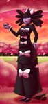  2015 anthro big_lips black_hair blue_eyes bow breasts cherry_blossom clothed clothing dress english_text female footwear gothitelle hair hand_on_hip latiar looking_at_viewer makeup nintendo petal pink_skin plant pok&eacute;ball pok&eacute;mon pok&eacute;morph shoes solo text tree video_games 