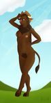 2015 akanisen anthro areola big_breasts bison bovine breasts brown_fur buffalo bullao cattle dakota_(akanisen) ear_piercing eyelashes female fully_shaded fur hair hat horn invalid_tag jewelry long_hair looking_at_viewer mammal nipple_piercing nipples nude outside piercing pubes pussy smile solo spots 