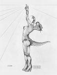  2015 anthro argonian boots bracers clothed clothing ecmajor female footwear half-dressed high_heeled_boots high_heels horn jewelry monochrome nipple_piercing nipples panties pasties piercing reptile scales scalie solo the_elder_scrolls topless underwear video_games 