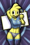  2015 abstract_background blonde_hair breasts buckteeth clothed clothing elpatrixf female fur hair legwear looking_at_viewer navel open_mouth quiplash smile solo stockings tongue unknown_character video_games yellow_fur 