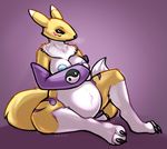  2015 black_sclera blue_eyes blue_nipples blush breasts breath chest_tuft claws clothing digimon facial_markings female fur gloves holding_breasts looking_at_viewer markings navel nipples pregnant renamom renamon sitting smile solo tuft white_fur yellow_fur yin_yang 