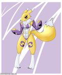  anthro bikini black_sclera breasts canine chest_tuft claws clothed clothing digimon facial_markings female fox fur gloves mammal markings renamon seaside skydog solo swimsuit tuft 