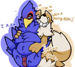  &lt;3 2015 alpha_channel anthro avian beak belly bird blue_eyes blue_feathers blush brown_fur canine chest_tuft chubby claws duo english_text erection falco_lombardi fox fox_mccloud fur grin half-closed_eyes humanoid_penis male male/male mammal navel nintendo penis pubes sheep_(artist) standing star_fox sweat teeth text tuft vein veiny_penis video_games white_fur wings 