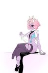  ashido_mina black_sclera boku_no_hero_academia breasts clothing crossed_legs female hair horn human legwear limebreaker mammal pink_hair purple_skin sea_slug signature sitting solo stockings torn_clothing torn_stockings yellow_eyes 