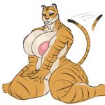  anthro big_breasts breasts feline female huge_breasts looking_at_viewer mammal nipples nude plain_background pose rampage0118 sitting solo tiger 