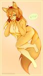  ! 2015 anthro blonde_hair breasts brown_fur brown_nose canine claws clue_(artist) ear_piercing female fox fur green_eyes hair hi_res hindpaw long_hair looking_at_viewer mammal nipple_piercing nipples nude one_eye_closed paws piercing smile solo tongue tongue_out yellow_fur 