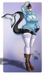  2015 anthro arm_behind_head big_breasts black_skin blue_eyes boots breasts cetacean cleavage clothed clothing female footwear hair legwear lips llmixll looking_at_viewer mammal marine orca pose pussy red_lips shirt short_hair smile solo standing stockings thick_thighs whale white_hair white_skin wide_hips 