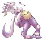  2015 anthro bag big_breasts big_butt breasts butt claws english_text female fur half-closed_eyes looking_at_viewer looking_back mienshao nintendo nude pawpads paws pink_fur plain_background pok&eacute;mon pok&eacute;morph pose purple_fur red_eyes slit_pupils smile solo tailzkim text toe_claws video_games white_background wide_hips yellow_fur 