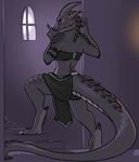 2015 anthro black_scales black_skin claws dragon female grey_scales harem_outfit horn inside long_tail looking_at_viewer looking_back moon night nimriel red_eyes royalty_(artist) scalie shaded smile sneaking solo stairs straps window 