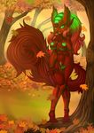  anthro autumn big_nipples breasts buckteeth claws clitoris clothing female forest fur glowing glowing_eyes glowing_hair glowing_nipples glowing_pussy green_eyes green_hair green_nipples hair leaf long_hair mammal navel nipples open_mouth outside panties pussy red_fur red_hair red_skin rodent scificat solo squirrel standing tree underwear undressing wide_hips 
