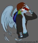  anthro anthrofied blush clothed clothing crossover delsin_rowe equine female friendship_is_magic hi_res infamous looking_up mammal my_little_pony partially_clothed pegasus plain_background rainbow_dash_(mlp) solo supermare_(artist) tattoo video_games wings 