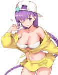  backwards_hat bangs bare_shoulders baseball_cap bb_(fate)_(all) bb_(fate/extra_ccc) bb_(swimsuit_mooncancer)_(fate) blush braid breasts cleavage closed_mouth collarbone cropped_jacket fate/extra fate/extra_ccc fate/grand_order fate_(series) hand_gesture haoni hat heart hips jacket large_breasts long_hair looking_at_viewer navel off_shoulder one_eye_closed purple_eyes purple_hair simple_background skirt smile solo star_hat_ornament thighs tongue tongue_out underboob very_long_hair w white_background white_bikini_top yellow_jacket yellow_skirt 