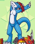  anthro armor digimon digital_media_(artwork) eyes_closed featureless_crotch flamedramon front_view lalzimsooodrunkrightnow male nude scalie signature solo standing undressing 