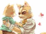  anthro brown_fur canine child clothing duo eyewear father father_and_son fingerless_gloves fox fox_mccloud fur gloves green_eyes jacket james_mccloud male mammal nintendo parent plain_background son star_fox sunglasses unknown_artist video_games young 