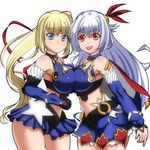  2girls asymmetrical_docking bare_shoulders belt blonde_hair blue_eyes breast_press breasts cape detached_sleeves elbow_gloves eleonora_viltaria erect_nipples gloves hair_ornament large_breasts limalisha long_hair looking_at_viewer madan_no_ou_to_vanadis midriff multiple_girls open_mouth red_eyes side_ponytail simple_background skirt smile white_hair 