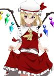  absurdres aono_meri ascot bad_id bad_pixiv_id blonde_hair crystal fang flandre_scarlet frills hat hat_ribbon highres looking_at_viewer mob_cap puffy_sleeves red_eyes ribbon shirt short_hair short_sleeves side_ponytail simple_background skirt skirt_hold skirt_set smile solo touhou vest white_background wings 
