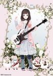  bangs bass_guitar bird blunt_bangs brown_hair choker dress drum esp_guitars flower full_body green_eyes hair_ornament instrument keytar looking_at_viewer mia0309 no_pupils original ribbed_legwear sheep solo triangle_(instrument) 