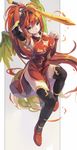  china_dress chinese_clothes cleavage_cutout dress green_eyes highres huanxiang_huifeng leilan_(p&amp;d) long_hair md5_mismatch puzzle_&amp;_dragons red_hair side_ponytail solo sword thighhighs weapon 