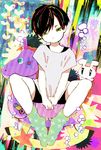  black_hair commentary_request green_eyes heart ieiieiiei looking_at_viewer male_focus no_shoes original sitting socks solo star 