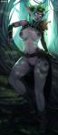  2018 areola big_breasts blizzard_entertainment blue_hair breasts clitoris clothing digital_media_(artwork) elf female forest hair humanoid long_hair mammal navel night_elf nipples not_furry nude nyuunzi piercing pointy_ears purple_skin pussy smile solo tattoo tree video_games warcraft 
